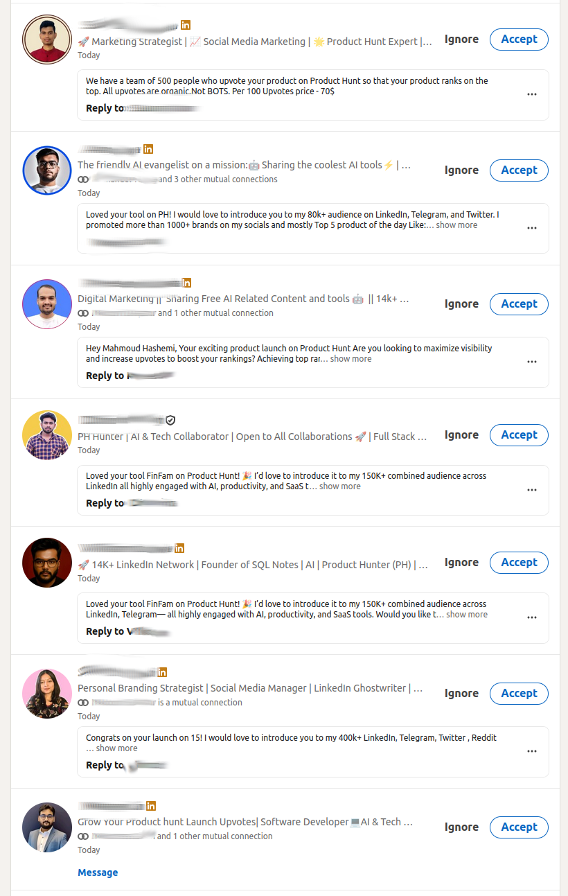 My LinkedIn inbox, full of product hunt vote solicitors